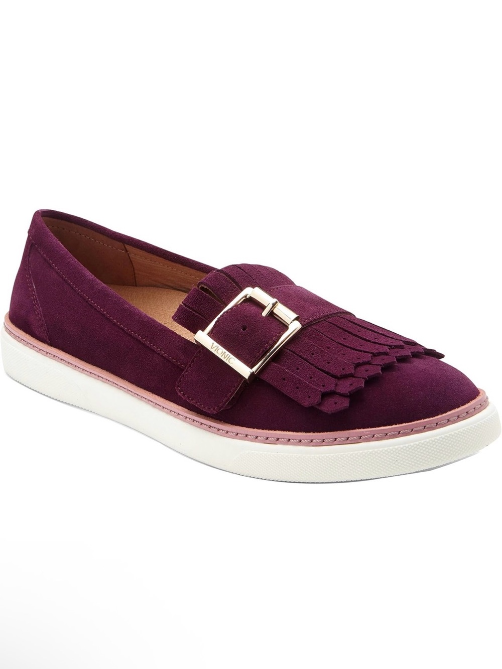 Vionic Plum Suede Kiltie Loafer with Gold Buckle